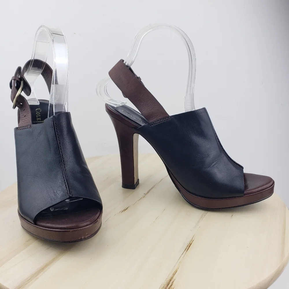 Cole Haan Sandal Size 8.5 Leather Platform Peep Toe Mule Heel Shoes Slingback - Picture 8 of 16
